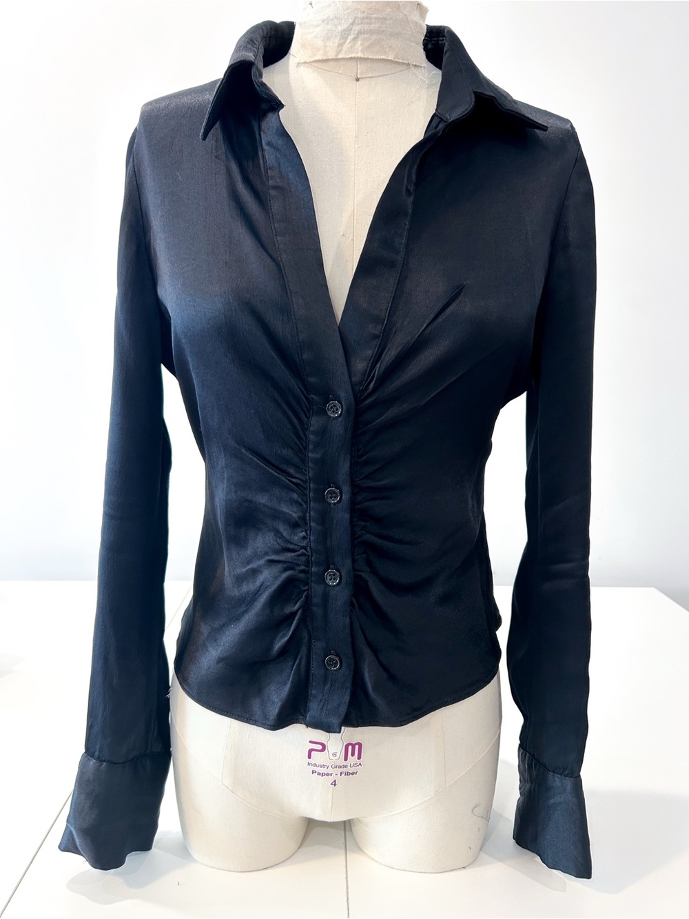Zara Black Gathered Front Button-Down Shirt